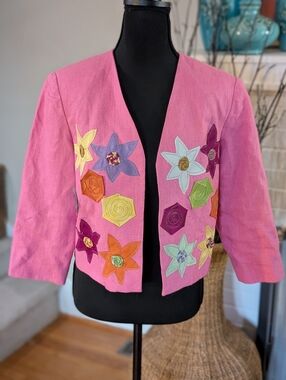 Kenneth Nolan 100% Linen Pink Floral Appliqué Jacket Women’s Size 8 Open (G2)